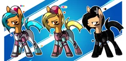 Size: 2052x1000 | Tagged: safe, artist:anyazen, derpibooru import, oc, oc:dusty skully, oc:pastel skully, oc:shadow skully, unofficial characters only, earth pony, pony, armor, boots, clothes, female, fortnite, gloves, knife, makeup, mare, reference sheet, shoes, siblings, sisters