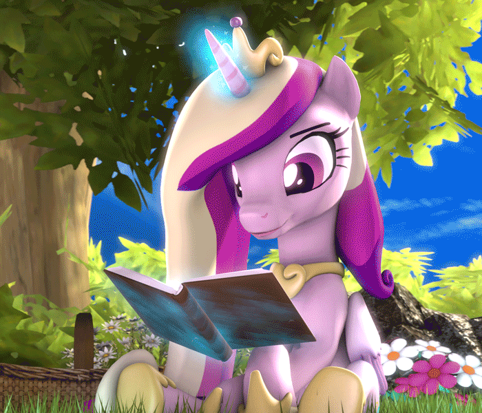 Size: 700x600 | Tagged: safe, artist:apexpredator923, derpibooru import, princess cadance, butterfly, pony, 3d, adorkable, animated, beautiful, book, butterfly on nose, cute, cutedance, daaaaaaaaaaaw, dork, flower, gif, insect on nose, magic, reading, solo