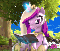 Size: 700x600 | Tagged: safe, artist:apexpredator923, derpibooru import, princess cadance, butterfly, pony, 3d, adorkable, animated, beautiful, book, butterfly on nose, cute, cutedance, daaaaaaaaaaaw, dork, flower, gif, insect on nose, magic, reading, solo