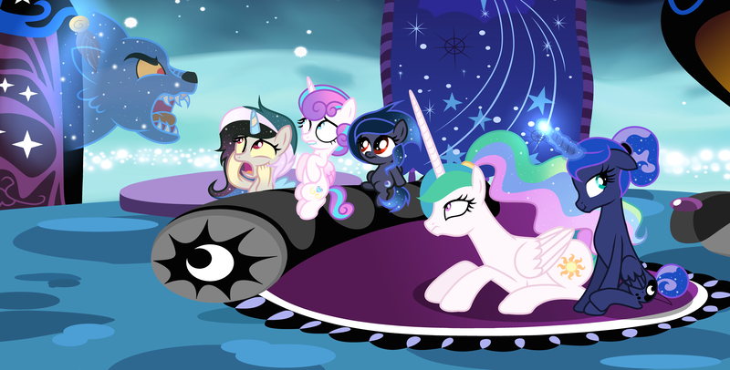 Size: 5512x2800 | Tagged: safe, artist:velveagicsentryyt, derpibooru import, princess celestia, princess flurry heart, princess luna, oc, oc:moonlight sonata, oc:mysterilestia, bear, hybrid, pony, ursa, ursa minor, interspecies offspring, offspring, older, parent:discord, parent:king sombra, parent:princess celestia, parent:princess luna, parents:dislestia, parents:lumbra