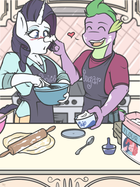 Size: 750x1000 | Tagged: safe, artist:doggonepony, derpibooru import, rarity, spike, anthro, boop, couple, curious, cute, female, kitchen, male, shipping, sparity, straight