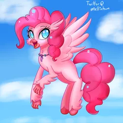 Size: 2000x2000 | Tagged: artist:melliedraws, atg 2019, cheek fluff, classical hippogriff, cute, derpibooru import, diapinkes, flying, hippogriff, hippogriffied, jewelry, necklace, newbie artist training grounds, pinkie pie, safe, solo, species swap