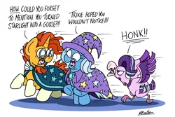 Size: 6608x4406 | Tagged: safe, artist:bobthedalek, derpibooru import, starlight glimmer, sunburst, trixie, bird, goose, pony, unicorn, angry, atg 2019, birdified, cape, clothes, female, glasses, hat, honk, inconvenient trixie, male, mare, newbie artist training grounds, ragelight glimmer, robe, running, running away, scared, socks (coat marking), species swap, stallion, starlight is not amused, sunburst's glasses, sunburst's robe, teeth, this will end in pain, transformed, trio, trixie's cape, trixie's hat, unamused