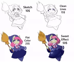 Size: 801x677 | Tagged: advertisement, anthro, artist:sweeteater, broom, chibi, clothes, colored, commission, commission info, cute, derpibooru import, female, flat colors, flying, flying broomstick, hat, lineart, looking at you, mare, numbers, oc, oc:spicy flavor, piercing, safe, sketch, solo, text, unofficial characters only, witch costume