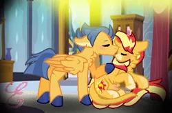 Size: 488x320 | Tagged: safe, artist:kiwi4578, derpibooru import, flash sentry, sunset shimmer, pony, blushing, female, flashimmer, male, pregnant, shipping, straight