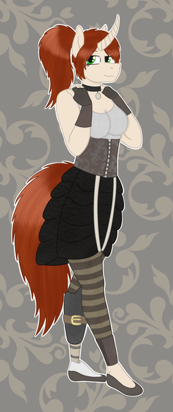 Size: 959x2287 | Tagged: safe, artist:dyonys, derpibooru import, oc, oc:chiyo saito, unofficial characters only, anthro, plantigrade anthro, unicorn, amputee, choker, clothes, curved horn, female, fingerless gloves, gloves, horn, leggings, looking at you, prosthetic limb, prosthetics, shoes, simple background, skirt, steampunk, tanktop