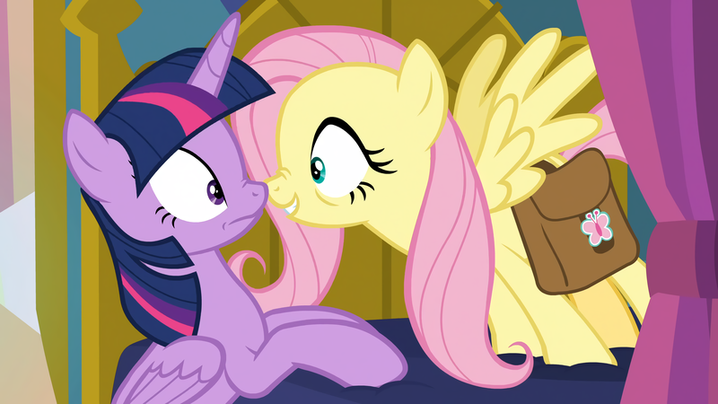Size: 3840x2160 | Tagged: safe, derpibooru import, screencap, fluttershy, twilight sparkle, twilight sparkle (alicorn), alicorn, pegasus, pony, a health of information, bag, bed, boop, duo, excited, eye contact, female, frown, grin, looking at each other, mare, nose wrinkle, noseboop, saddle bag, smiling, spread wings, squee, upscaled, wide eyes, wings, worried