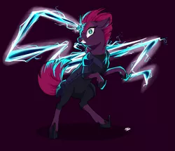 Size: 1189x1024 | Tagged: safe, artist:bbru4r, derpibooru import, tempest shadow, pony, unicorn, armor, broken hone, broken horn, female, gritted teeth, horn, magic, mare, rearing, solo