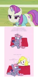 Size: 728x1468 | Tagged: safe, artist:carnifex, derpibooru import, screencap, asteria, surprise, oc, oc:velvet, pegasus, pony, unicorn, ask velvet, 2 4 6 greaaat, chinese text, coffee mug, comparison, female, g1, g1 to g4, g4, generation leap, horn, horn ring, imminent disaster, inhibitor ring, magic, magic aura, magic suppression, mare, mug, ring, telekinesis, this will end in tears