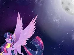 Size: 1024x768 | Tagged: safe, artist:bbru4r, derpibooru import, twilight sparkle, twilight sparkle (alicorn), alicorn, pony, female, horn, jewelry, moon, night, regalia, shooting star, solo, spread wings, stars, wings