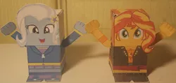Size: 1500x715 | Tagged: safe, artist:grapefruitface1, derpibooru import, sunset shimmer, trixie, equestria girls, arts and crafts, craft, irl, papercraft, photo, toy a day