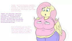 Size: 3500x2000 | Tagged: suggestive, artist:deoix, derpibooru import, fluttershy, oc, oc:cinnamon cake, anthro, bat pony, pegasus, big breasts, boob squish, breasts, busty fluttershy, chubby, clothes, clothing transformation, dialogue, fat, fattershy, female, flutterbat, huge breasts, inanimate tf, mare, objectification, race swap, transformation, unwilling