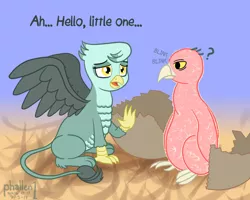 Size: 1000x800 | Tagged: safe, artist:phallen1, derpibooru import, oc, oc:gabar goshawk, bird, gryphon, roc, atg 2019, baby, blinking, female, griffon oc, hatchling, newbie artist training grounds, question mark