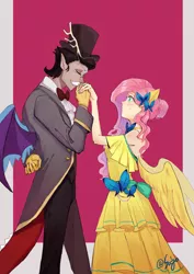 Size: 1400x1980 | Tagged: accord, accoshy, artist:sadistjolt, clothes, derpibooru import, dress, eared humanization, female, fluttershy, hand kiss, human, humanized, kiss on the hand, male, safe, shipping, straight, winged humanization, wings