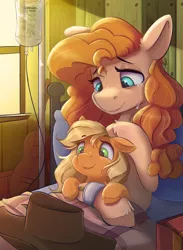 Size: 2200x3000 | Tagged: safe, artist:ardail, derpibooru import, applejack, pear butter, earth pony, pony, applejack's hat, ardail is trying to murder us, bed, bittersweet, cowboy hat, crying, cute, daaaaaaaaaaaw, ear fluff, emotional, feels, female, filly, floppy ears, freckles, guitar, hat, high res, hnnng, hospital, hospital bed, indoors, iv bag, jackabetes, lidded eyes, mother and child, mother and daughter, musical instrument, open mouth, pearabetes, sad, sadorable, siblings, smiling, tearjerker, tears of joy, weapons-grade cute, younger