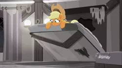 Size: 1280x719 | Tagged: safe, derpibooru import, screencap, applejack, earth pony, pony, rainbow roadtrip, bed, instant regret, moments before disaster, silly, silly pony, solo, who's a silly pony