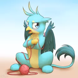 Size: 2000x2000 | Tagged: safe, artist:ohemo, derpibooru import, gallus, gryphon, atg 2019, behaving like a cat, blushing, catbird, crossed arms, cute, gallabetes, gradient background, looking at you, male, newbie artist training grounds, quadrupedal, sitting, solo, tsundere, yarn, yarn ball