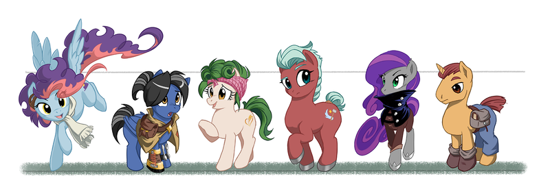 Size: 1280x442 | Tagged: safe, artist:sankam, artist:tempest-twilight, derpibooru import, oc, oc:blue venture, oc:curtain call, oc:moonshine, oc:shadowblossom, oc:steel striker, oc:tempest twilight, earth pony, pegasus, pony, unicorn, fanfic:unity timeline, earth bat pony