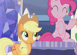 Size: 768x554 | Tagged: safe, derpibooru import, screencap, applejack, pinkie pie, earth pony, pony, the last laugh, animated, cropped, cute, diapinkes, duo, female, mare, nuzzling, sitting, wavy mouth, weapons-grade cute