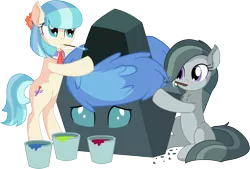 Size: 8942x6054 | Tagged: safe, artist:cyanlightning, derpibooru import, coco pommel, marble pie, ocellus, changeling, earth pony, pony, .svg available, absurd resolution, chisel, disguise, disguised changeling, ear fluff, eyes closed, female, holding, mare, mouth hold, paint, painting, rock, rockellus, simple background, standing, this will end in death, this will end in tears, this will end in tears and/or death, this will not end well, transparent background, trio, vector