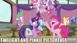 Size: 1136x640 | Tagged: alicorn, a trivial pursuit, balloon, caption, chinese text, cup cake, derpibooru import, dragon, edit, edited screencap, excessive exclamation marks, friendship student, golden crust, image macro, midnight snack (character), pinkie balloon, pinkie pie, pinkie pie balloons, safe, screencap, spike, text, twilight balloon, twilight sparkle, twilight sparkle (alicorn), winged spike