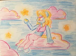 Size: 1844x1353 | Tagged: safe, artist:shoeunit, derpibooru import, britneigh spears, earth pony, pony, clothes, cloud, colored pencil drawing, solo, traditional art