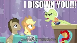 Size: 1136x640 | Tagged: applejack, a trivial pursuit, caption, chinese text, derpibooru import, dishonorapple, disowned, doctor whooves, edit, edited screencap, excessive exclamation marks, funny, granny smith, image macro, safe, screencap, text, time turner