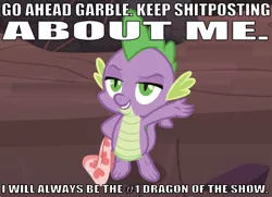 Size: 641x463 | Tagged: best dragon, blanket, breaking the fourth wall, caption, derpibooru import, dragon, edit, edited screencap, editor:undeadponysoldier, image macro, impact font, implied garble, male, meme, raised arm, roasted, safe, savage, screencap, shitposting, smug, solo, spike, sweet and smoky, text, vulgar, winged spike