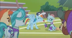 Size: 841x452 | Tagged: safe, derpibooru import, screencap, lighthoof, ocellus, rainbow dash, shimmy shake, yona, changedling, changeling, pegasus, pony, yak, 2 4 6 greaaat, alternate scene interpretation, anti-reading, blowing, blowing whistle, cheerleader, cheerleader ocellus, cheerleader outfit, cheerleader yona, cheerleading, clothes, coach, coach rainbow dash, cute, puffy cheeks, rainbow douche, spread wings, this will end in deafness, whistle, wings