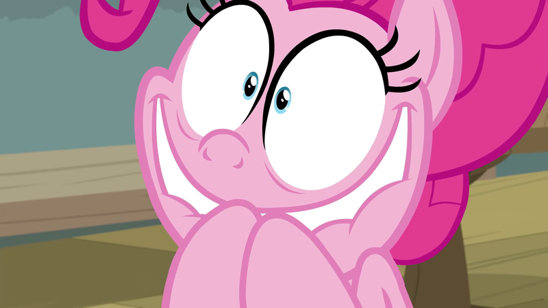Size: 1920x1080 | Tagged: safe, derpibooru import, screencap, pinkie pie, earth pony, pony, a trivial pursuit, excited, faic, female, hooves together, lip bite, mare, pinkie being pinkie, shrunken pupils, solo, wide smile