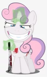 Size: 300x497 | Tagged: artist needed, semi-grimdark, derpibooru import, sweetie belle, pony, blood, creepy, creepy grin, evil, evil grin, glowing horn, grin, horn, implied murder, machete, simple background, smiling, teeth, white background