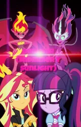 Size: 352x550 | Tagged: source needed, safe, derpibooru import, sci-twi, sunset shimmer, twilight sparkle, equestria girls, black background, light, midnight sparkle, midnightsatan, simple background, sunset satan