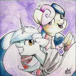Size: 594x594 | Tagged: safe, artist:nastylady, derpibooru import, bon bon, lyra heartstrings, sweetie drops, earth pony, pony, unicorn, clothes, duo, traditional art, watercolor painting