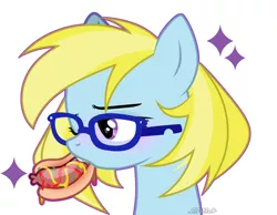 Size: 2560x1983 | Tagged: safe, artist:fivia, derpibooru import, oc, oc:cloud cuddler, unofficial characters only, pony, commission, eating, food, glasses, hot dog, meat, sausage, ych result