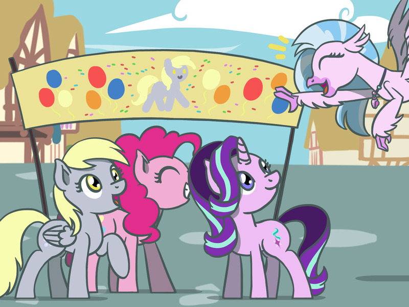 Size: 1280x960 | Tagged: safe, artist:flutterluv, derpibooru import, derpy hooves, pinkie pie, silverstream, starlight glimmer, earth pony, hippogriff, pegasus, pony, unicorn, atg 2019, female, mare, newbie artist training grounds, smiling