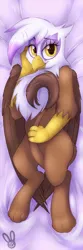 Size: 640x1920 | Tagged: safe, artist:meggchan, derpibooru import, gilda, gryphon, bedroom eyes, body pillow, body pillow design, female, hug, looking at you, on back, sexy, smiling, solo, tail between legs, tail hug