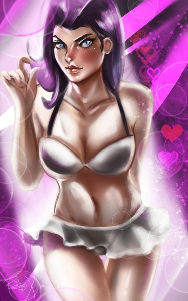 Size: 500x801 | Tagged: artist:bunsogen, bikini, breasts, busty rarity, clothes, dead source, derpibooru import, edit, female, human, humanized, rarity, solo, suggestive, swimsuit, trace