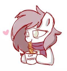 Size: 404x429 | Tagged: safe, artist:sugar morning, derpibooru import, oc, oc:depression, unofficial characters only, bags under eyes, bust, clothes, cup noodles, doodle, food, heart, messy mane, noodle, portrait, scarf, simple background, sketch, sleepy, smiling, solo, tired, white background