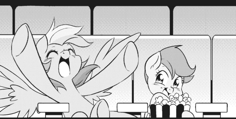 Size: 1280x650 | Tagged: safe, artist:nekoshiei, derpibooru import, edit, seven seas, rainbow dash, scootaloo, pegasus, pony, my little pony: the manga, my little pony: the manga volume 1, spoiler:manga, spoiler:manga1, blushing, cinema, comic, cute, duo, excited, female, filly, food, happy, manga, manga style, mare, monochrome, movie night, popcorn, scootalove, smiling