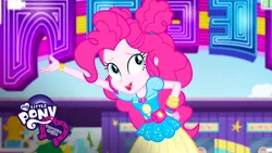 Size: 1280x720 | Tagged: safe, derpibooru import, screencap, bright idea, microchips, paisley, pinkie pie, valhallen, equestria girls, equestria girls series, five lines you need to stand in, spoiler:eqg series (season 2), equestria girls logo, geode of sugar bombs, magical geodes, music festival outfit