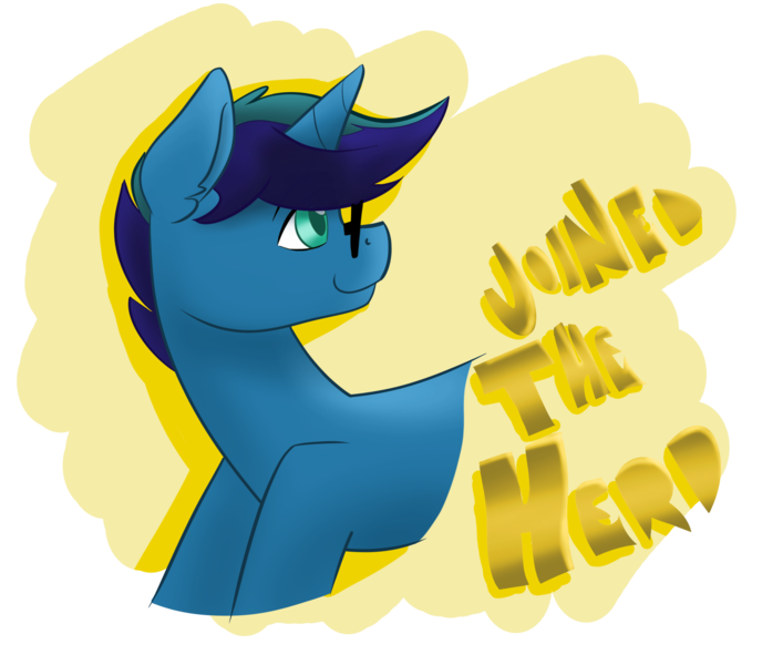 Size: 2478x2160 | Tagged: safe, artist:cadetredshirt, derpibooru import, oc, oc:joinedtheherd, unofficial characters only, pony, unicorn, bust, colored pupils, ear fluff, eyeglasses, horn, looking back, looking up, male, simple background, smiling, solo, stallion, text, two toned mane, yellow background