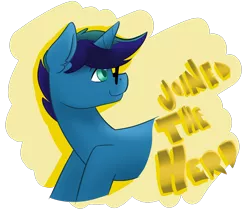 Size: 2478x2160 | Tagged: safe, artist:cadetredshirt, derpibooru import, oc, oc:joinedtheherd, unofficial characters only, pony, unicorn, bust, colored pupils, ear fluff, eyeglasses, horn, looking back, looking up, male, simple background, smiling, solo, stallion, text, two toned mane, yellow background