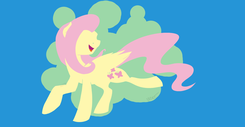 Size: 1920x997 | Tagged: safe, artist:cadetredshirt, derpibooru import, fluttershy, pegasus, pony, dancing, desktop background, female, folded wings, lineless, lineless fullbody, mare, no eyes, open mouth, simple background, solo, wallpaper, wings