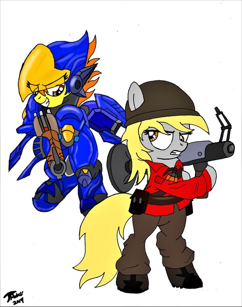 Size: 6800x8600 | Tagged: safe, artist:brekrofmadness, derpibooru import, derpy hooves, spitfire, pony, absurd resolution, bipedal, clothes, cosplay, costume, derpy soldier, overwatch, pharah, simple background, team fortress 2, white background