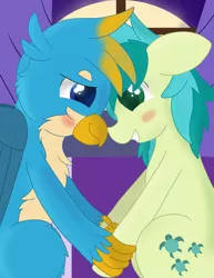 Size: 2550x3300 | Tagged: safe, artist:skyflys, derpibooru import, gallus, sandbar, earth pony, gryphon, pony, cute, gallbar, gay, holding hooves, interspecies, male, shipping, teenager