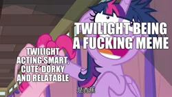 Size: 1920x1080 | Tagged: alicorn, a trivial pursuit, caption, derpibooru import, edit, edited screencap, floppy ears, image macro, meme, messy mane, metaphor, pinkie pie, safe, screencap, text, twilight snapple, twilight sparkle, twilight sparkle (alicorn), vulgar