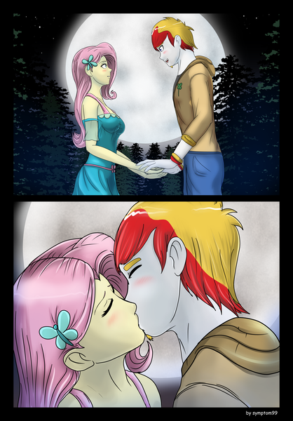 Size: 5197x7465 | Tagged: safe, artist:symptom99, derpibooru import, fluttershy, oc, oc:lucky charm, equestria girls, blushing, canon x oc, cute, female, first kiss, flucky, male, moon, night, romantic, shipping, straight