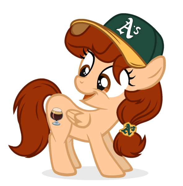 Size: 1396x1418 | Tagged: safe, artist:rioshi, artist:starshade, derpibooru import, oc, oc:vanilla creame, unofficial characters only, pegasus, pony, baseball cap, cap, female, filly, hat, looking back, oakland athletics, simple background, solo, transparent background, younger