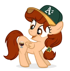 Size: 1396x1418 | Tagged: safe, artist:rioshi, artist:starshade, derpibooru import, oc, oc:vanilla creame, unofficial characters only, pegasus, pony, baseball cap, cap, female, filly, hat, looking back, oakland athletics, simple background, solo, transparent background, younger