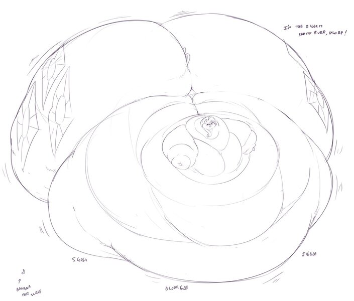 Size: 1200x1021 | Tagged: questionable, artist:sirmasterdufel, derpibooru import, rarity, banana, banana for scale, belly, big belly, bingo wings, blob, butt, chubby cheeks, fat, flabby chest, food, huge belly, huge butt, immobile, impossibly large belly, impossibly large butt, impossibly large everything, impossibly obese, large butt, morbidly obese, neck roll, obese, raritubby, rolls of fat, solo, stomach noise